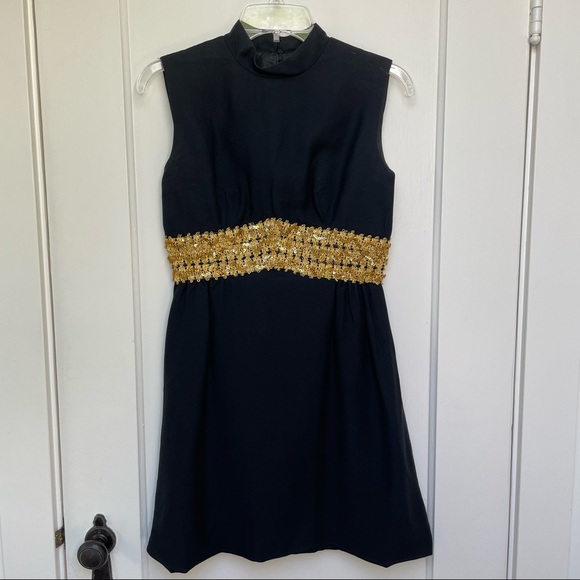 Vintage black mini dress with gold waistband - Picture 1 of 15